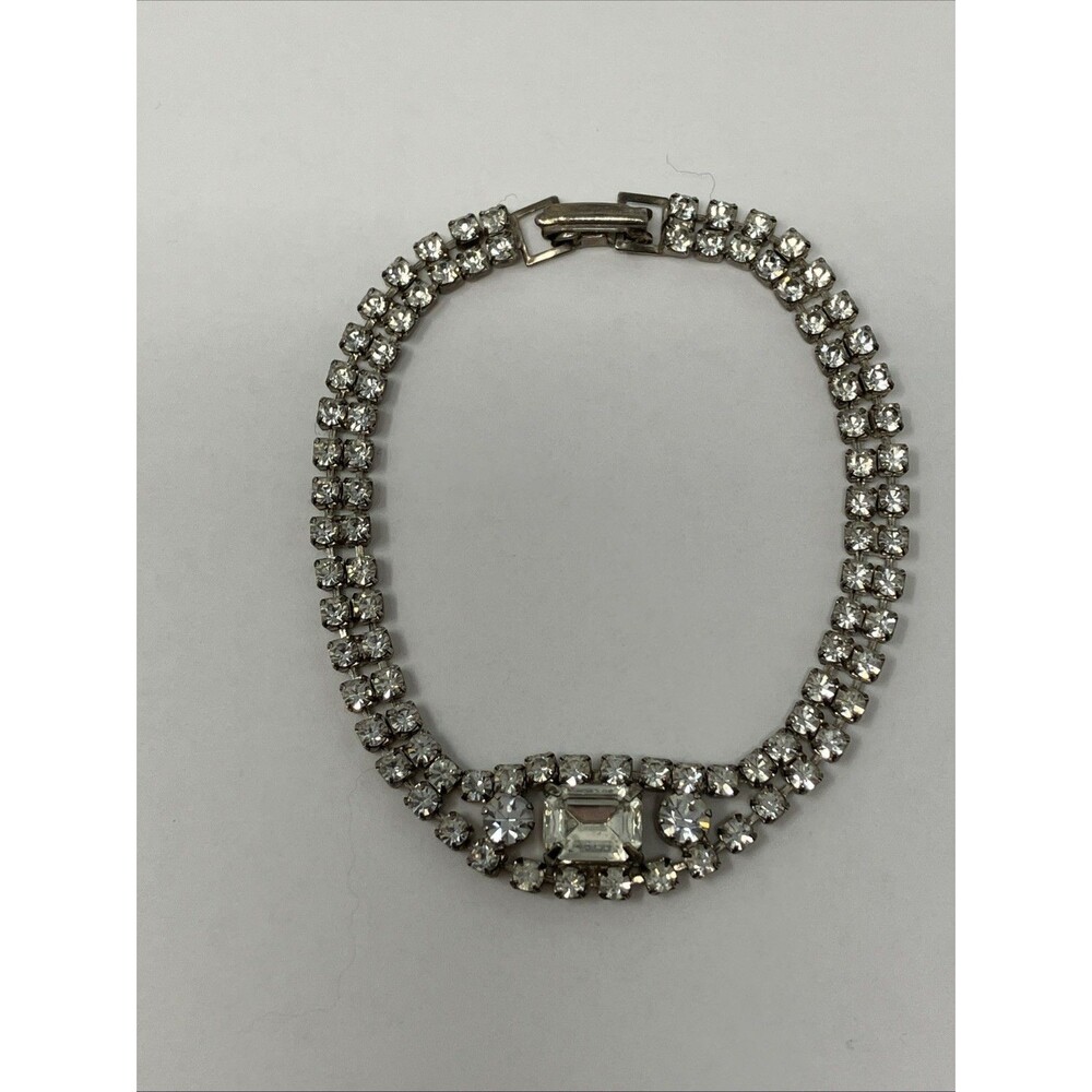 Vintage Double Band Rhinestone Bracelet w Buckle Clasp & Rectangle Stone ~7”